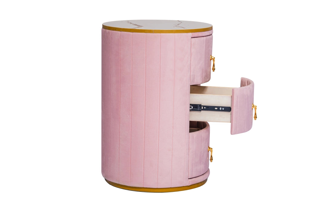 Tavolino da Comodino con 3 Cassetti ¨C MINIMAL ¨C Velluto Rosa, Piano in Marmo, Gambe Oro