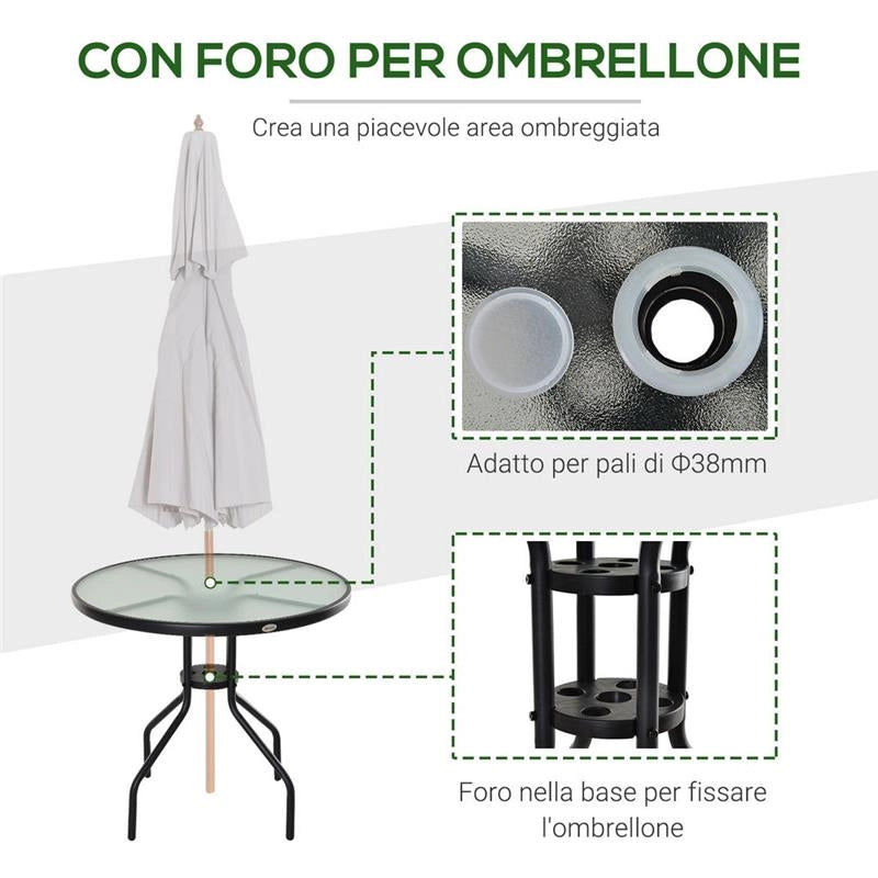 TAVOLINO DA GIARDINO CON PIANO IN VETRO TEMPERATO E FORO 80 X 72 CM NERO