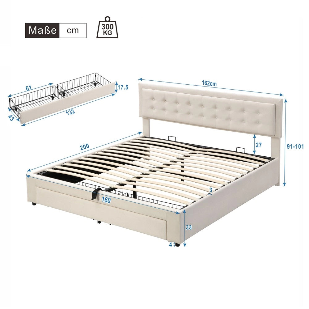 Letto contenitore imbottito ¨C Minimal ¨C velluto beige 160x200cm con rete a doghe e cassetti