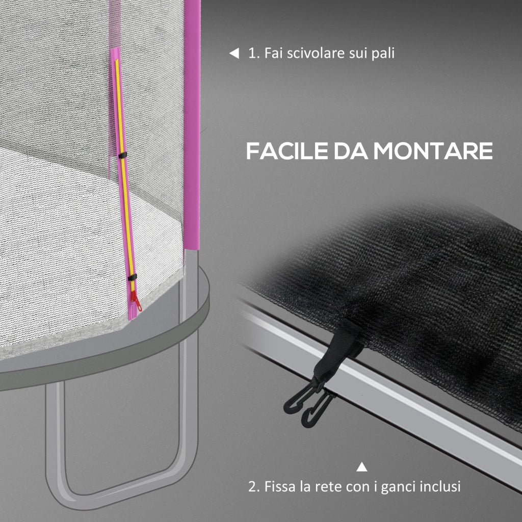 Rete di Protezione per Trampolini a 8 Pali con Ingresso con Cerniera, in PE, ?366x180 cm, Nero e Rosa