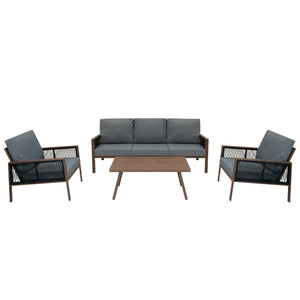 Set Mobili da Esterno 4 Pezzi in Alluminio Divano Tavolino Poltrone Effetto Legno