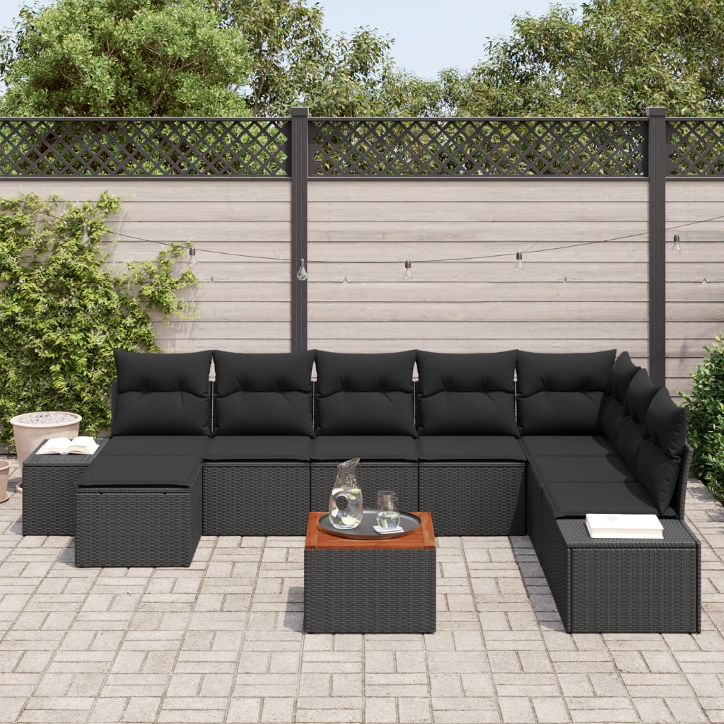 Set Divano da Giardino da 9 Pezzi con Cuscini Nero Polyrattan Acacia
