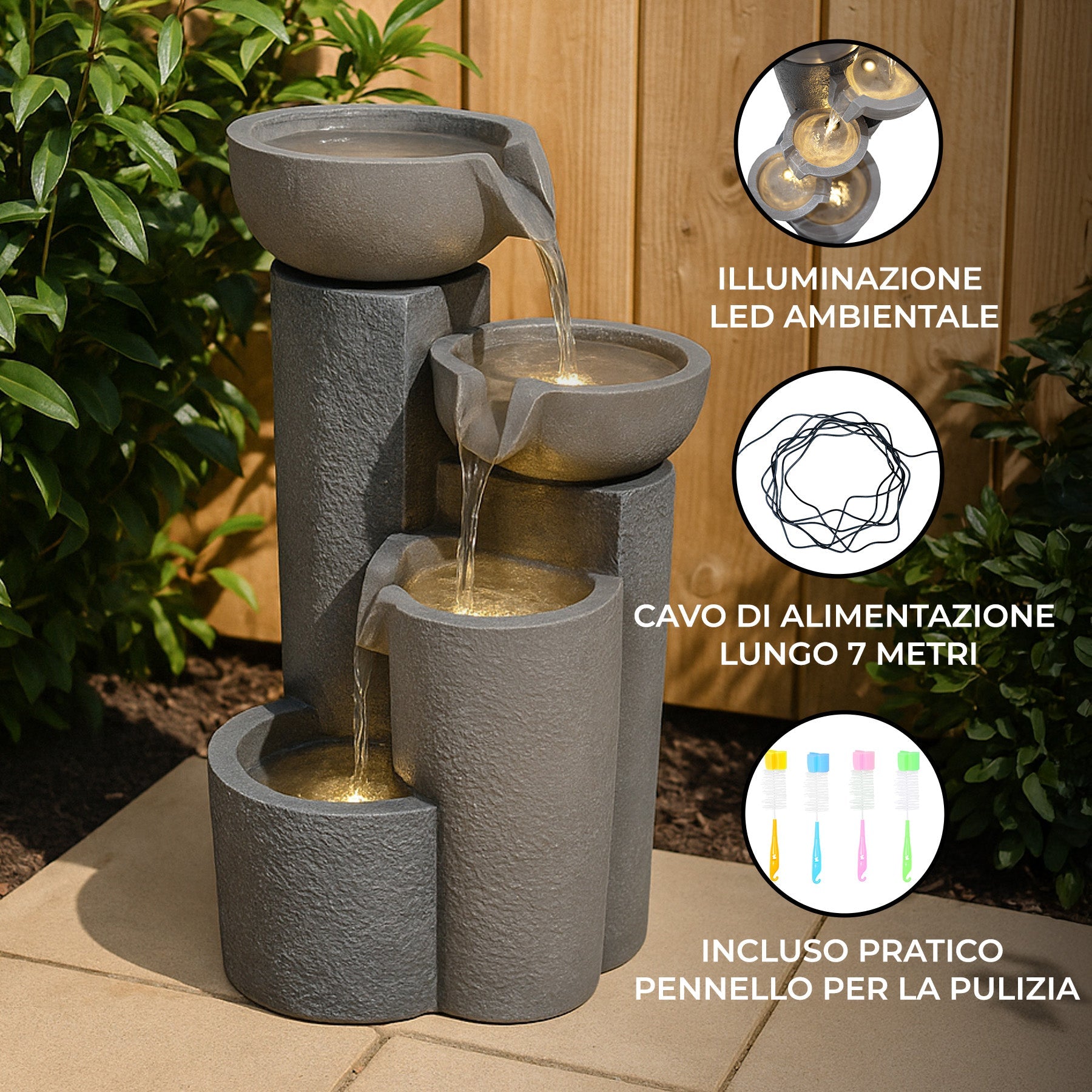 Fontana da Giardino Elettrica con LED e Cascata – Tranquil Tiers