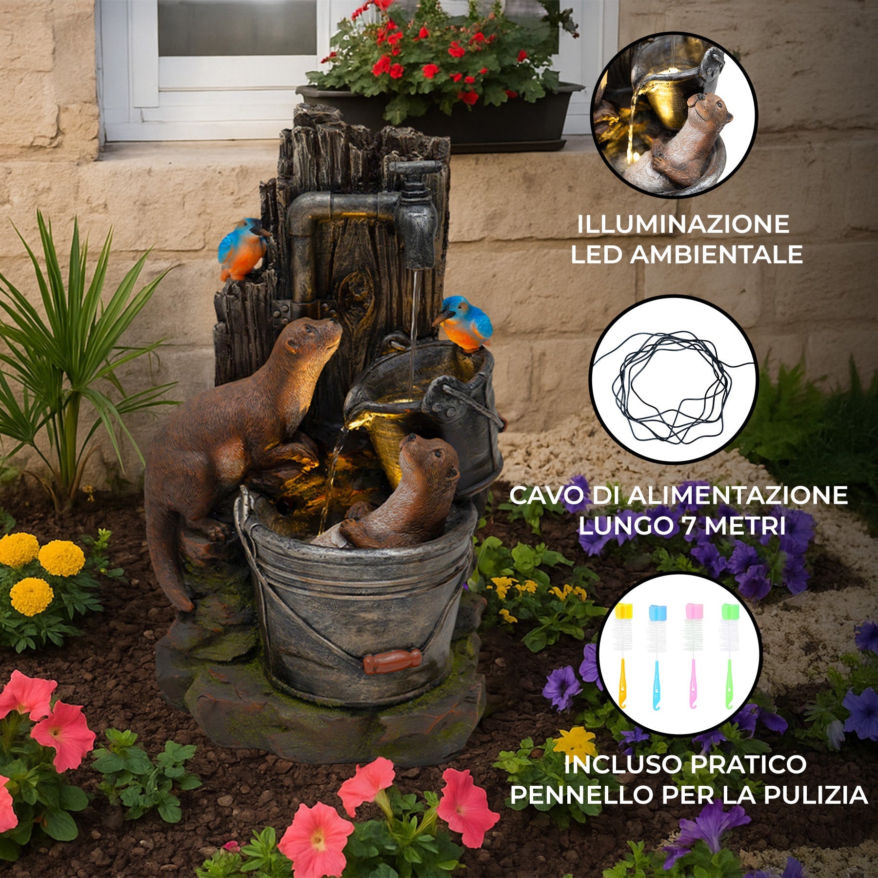 Fontana da Giardino Elettrica con LED e Cascata – Otter Oasis