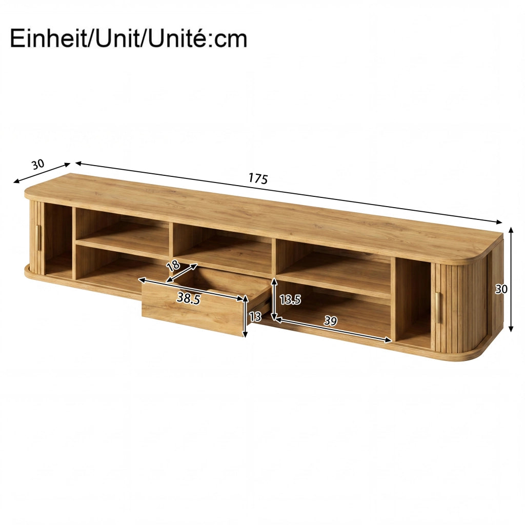 Mobile TV da parete, finitura effetto legno, illuminazione a LED regolabile tramite app, materiale MDF, colore del legno grezzo