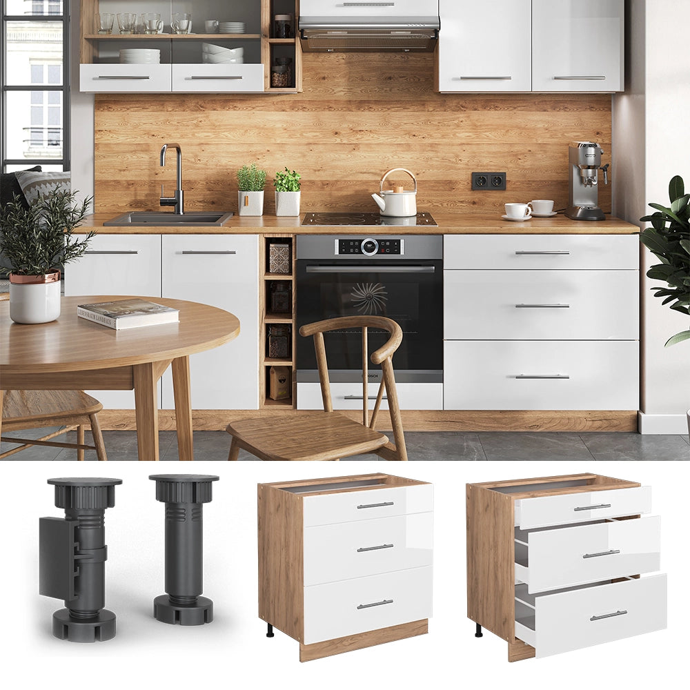 Mobiletto base per cucina Fame-Line Bianco lucido/Rovere dorato 80 cm con 3 cassetti, PL Antracite Vicco