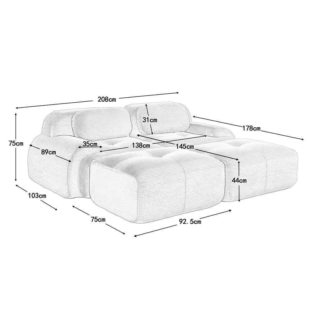 Divano 2 posti con chaise longue - Xylo - Velluto costato, antiscivolo, ergonomico, grigio