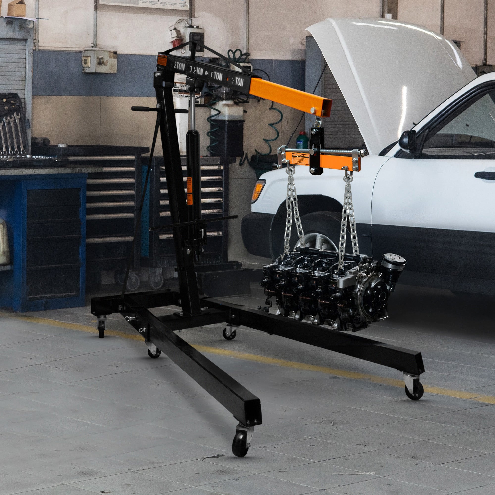 Gru Motore 2 Tonnellate e Bilanciatore Maniglia Idraulica Gambe Pieghevoli