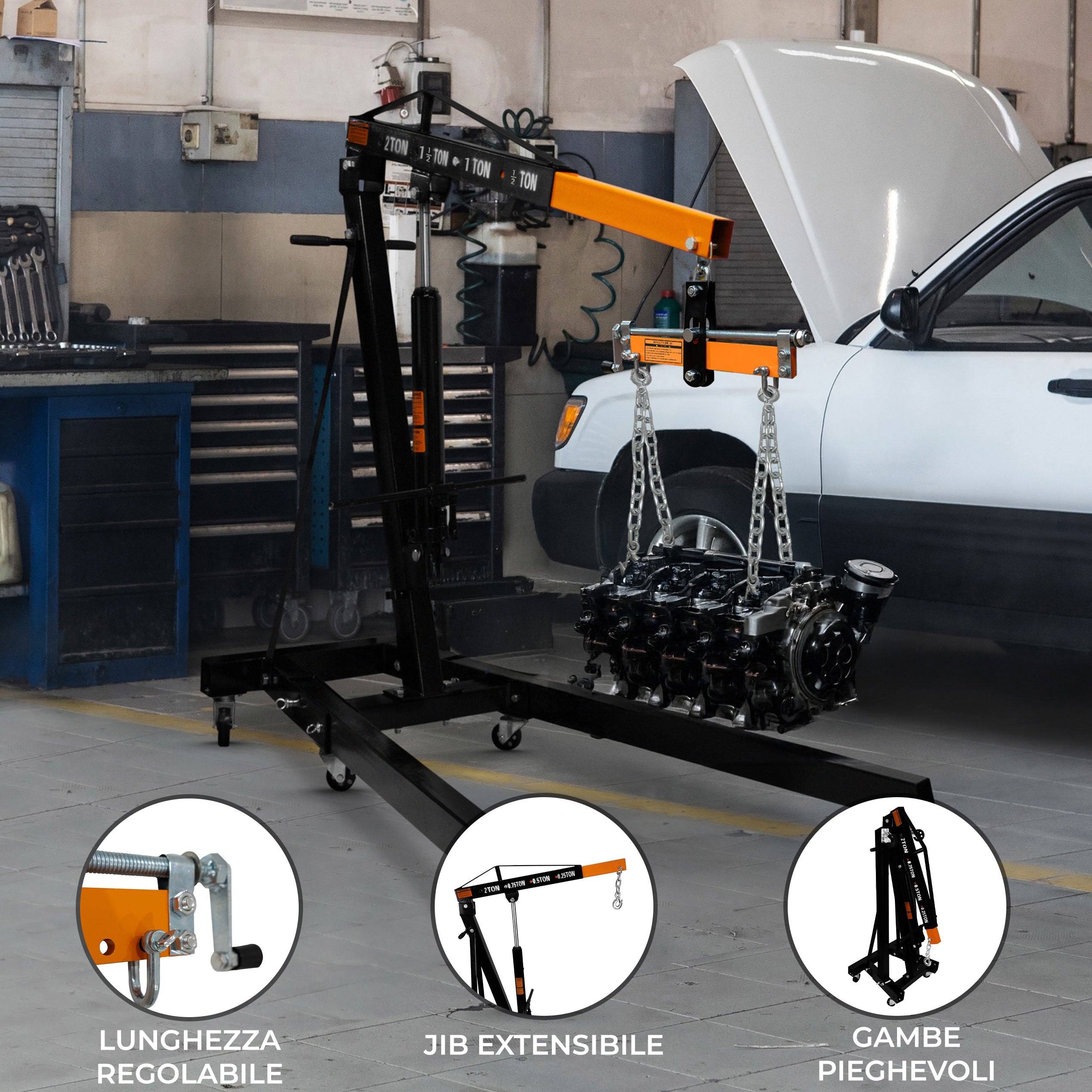 Gru Motore 2 Tonnellate e Bilanciatore Maniglia Idraulica Gambe Pieghevoli