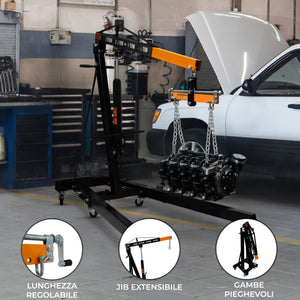 Gru Motore 2 Tonnellate e Bilanciatore Maniglia Idraulica Gambe Pieghevoli