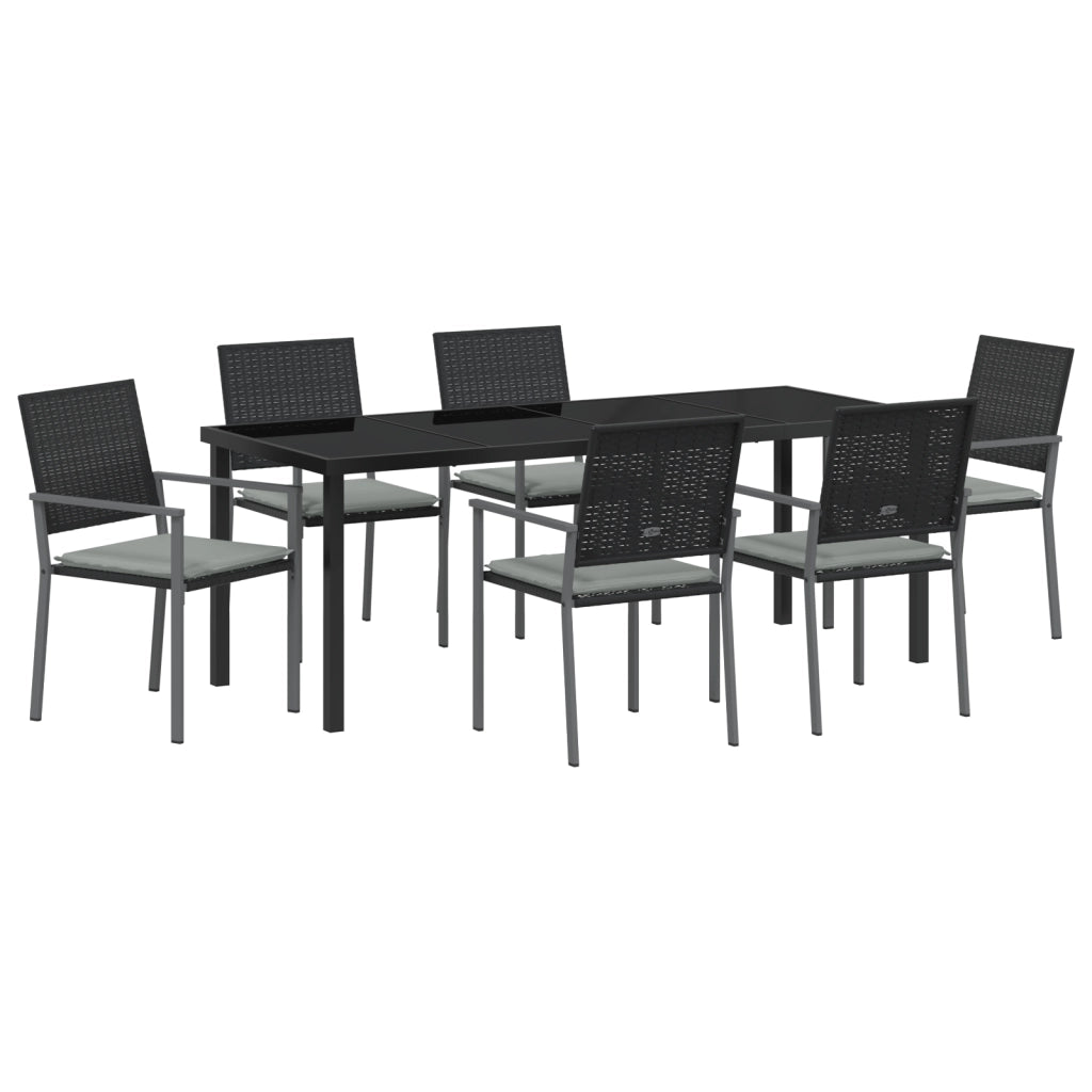 Set da pranzo da giardino 7 pezzi con cuscini in polirattan nero