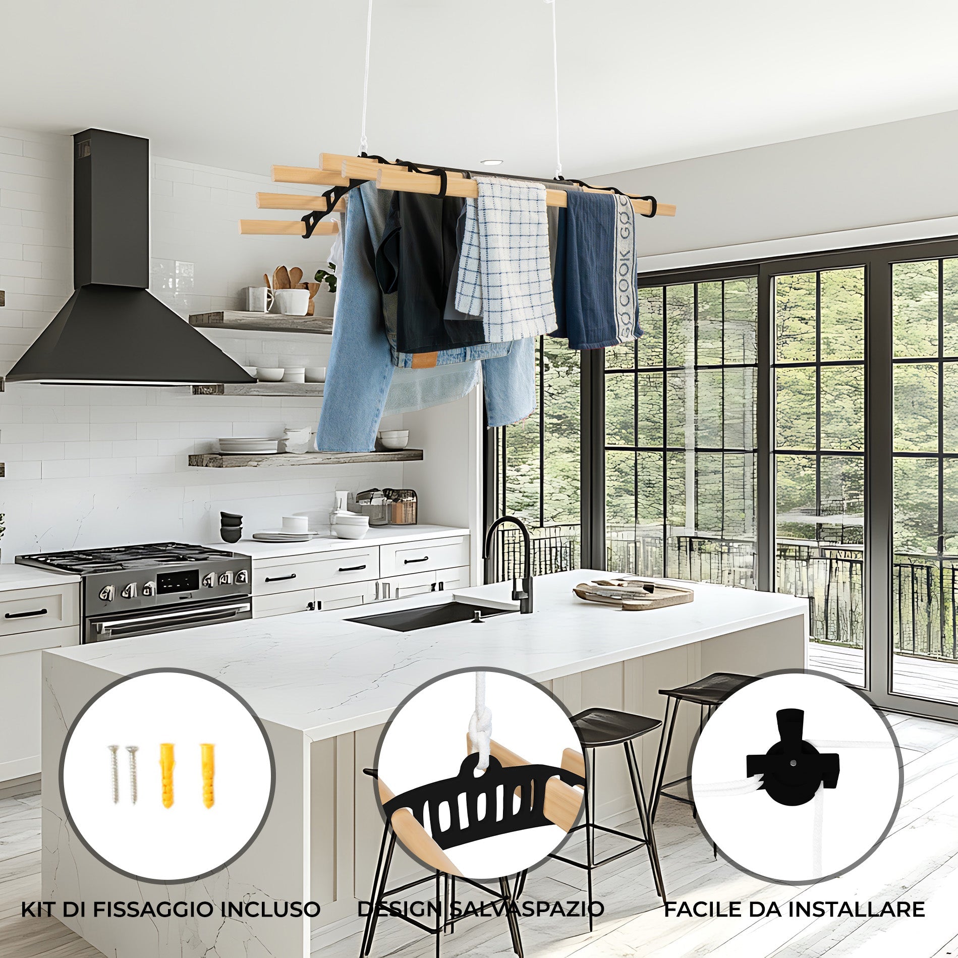 Stendibiancheria a Soffitto con Puleggia 6 Listelli 0,9m Nero