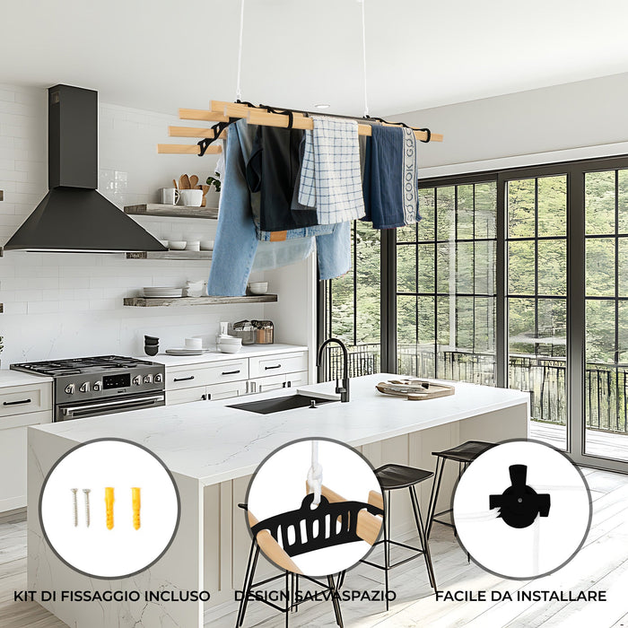 Stendibiancheria a Soffitto con Puleggia 6 Listelli 0,9m Nero