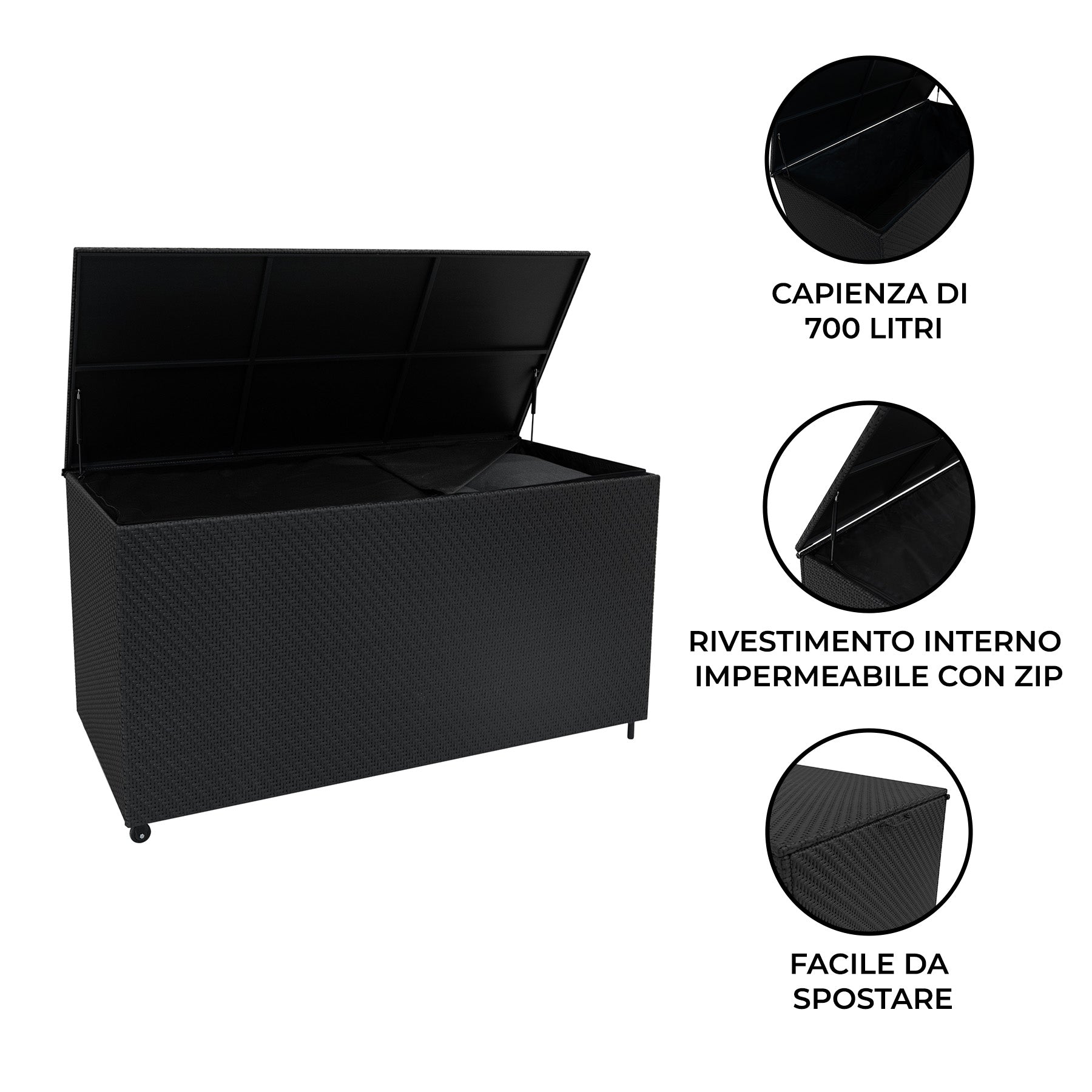 Baule Serafina in Rattan Nero 700L Per Esterno – con Ruote e Rivestimento