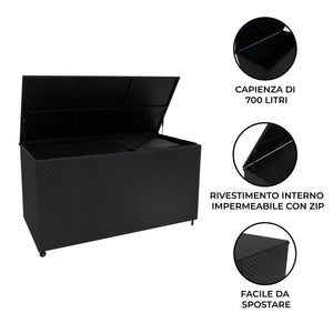 Baule Serafina in Rattan Nero 700L Per Esterno – con Ruote e Rivestimento