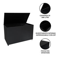 Baule Serafina in Rattan Nero 996L per Esterno – con Ruote e Rivestimento