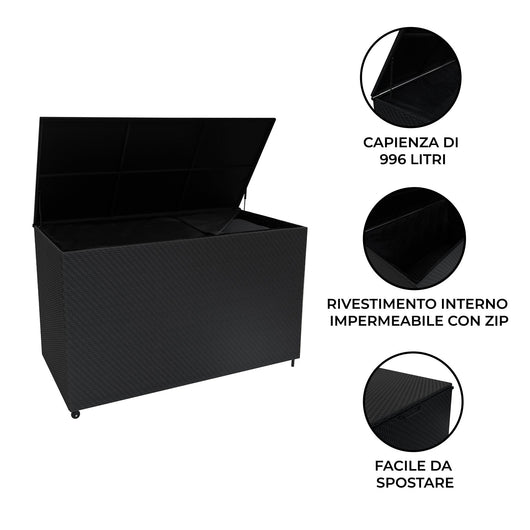 Baule Serafina in Rattan Nero 996L per Esterno – con Ruote e Rivestimento