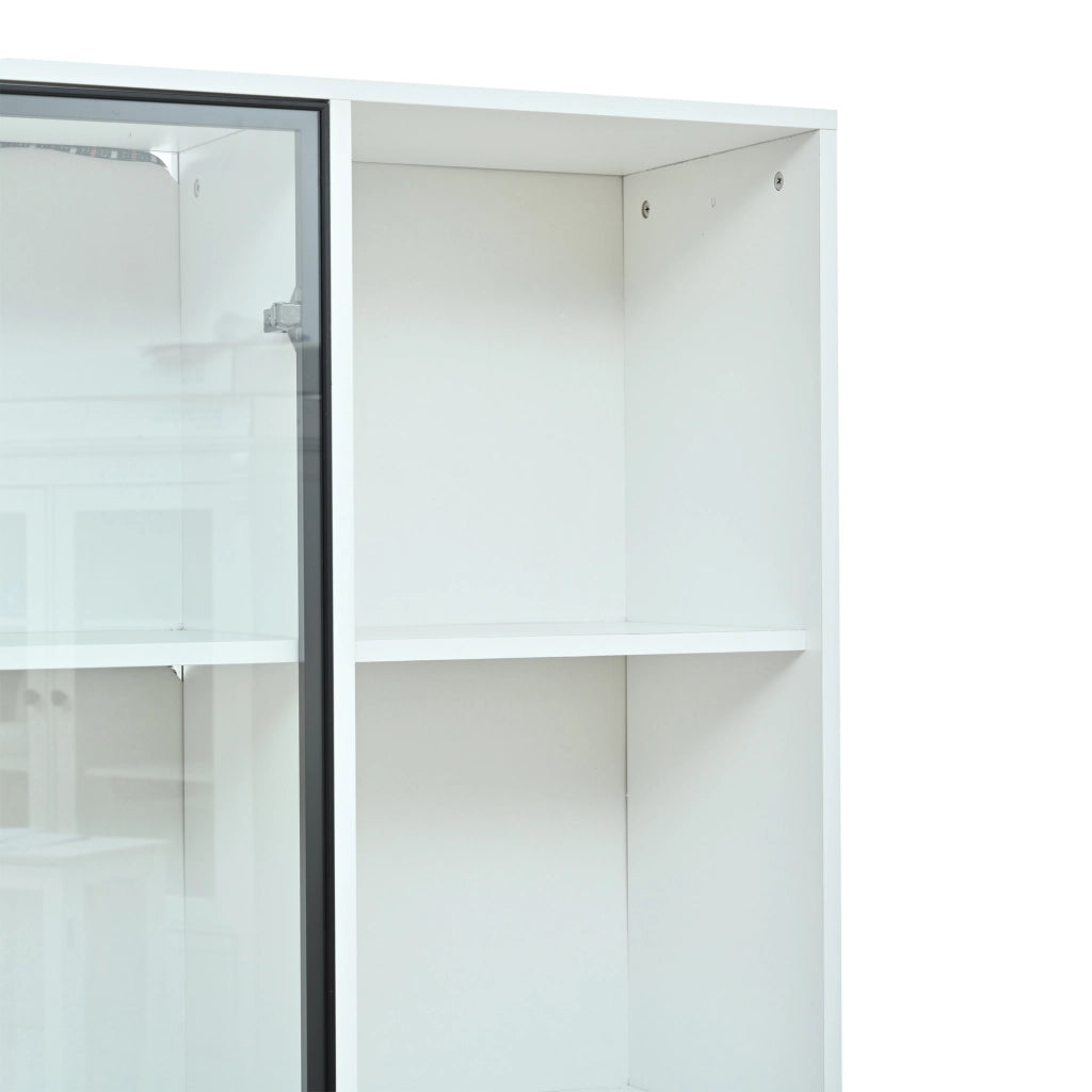 Libreria alta con vetrina in vetro e LED, 4 cassetti e 13 vani, per soggiorno e ufficio, bianco, 120 × 35 × 200 cm