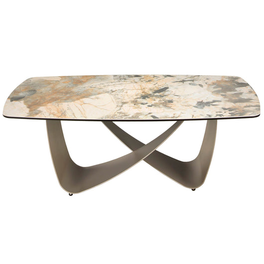 Tavolino ovale a botte in marmo porcellanato e acciaio metallizzato taupe