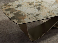 Tavolino ovale a botte in marmo porcellanato e acciaio metallizzato taupe