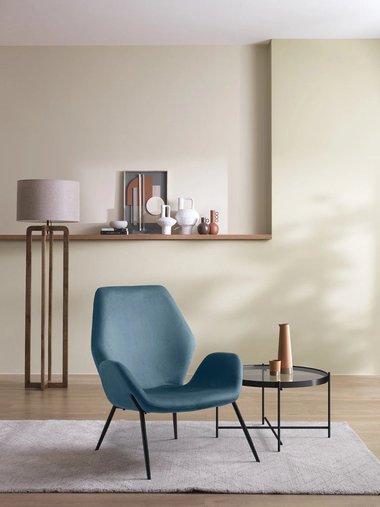 Poltrona Brandy di Design Contemporaneo - Seduta in Velluto Blu e Struttura in Metallo Verniciato Nero - Comfort Avvolgente