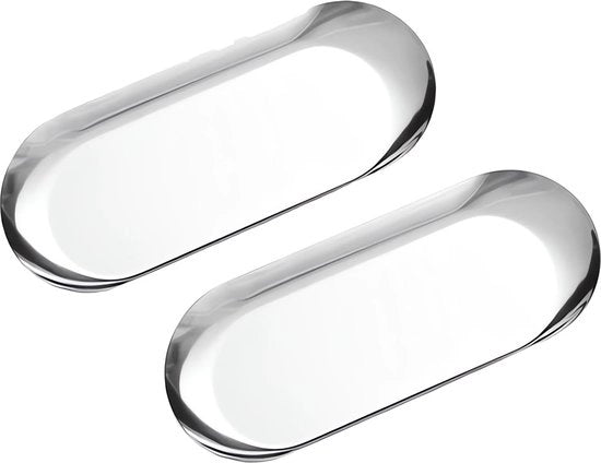 Set di 2 piatti in acciaio inossidabile per il dessert, piatti per la pasta, piatti per la insalata, decorativi, tavola da dessert ovaide (2 pezzi, argento, 18x8,5 cm)