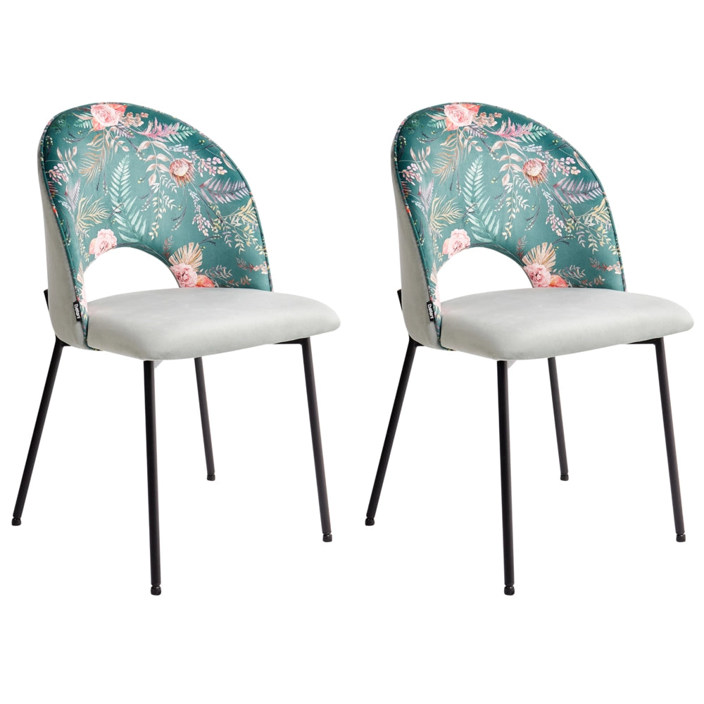 Set di 2 sedie da pranzo tappezzeria in velluto verde motivo floreale gambe nere glamour retrò