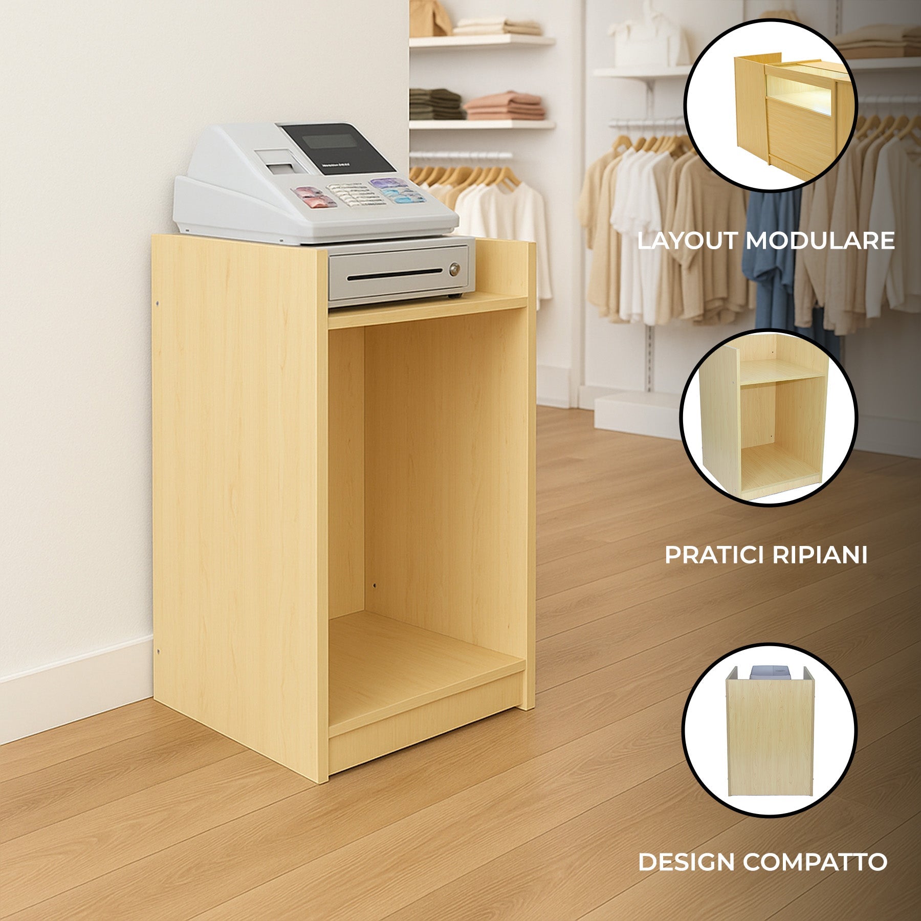 Bancone Cassa TB60 Acero – MDF con 2 Ripiani Interni