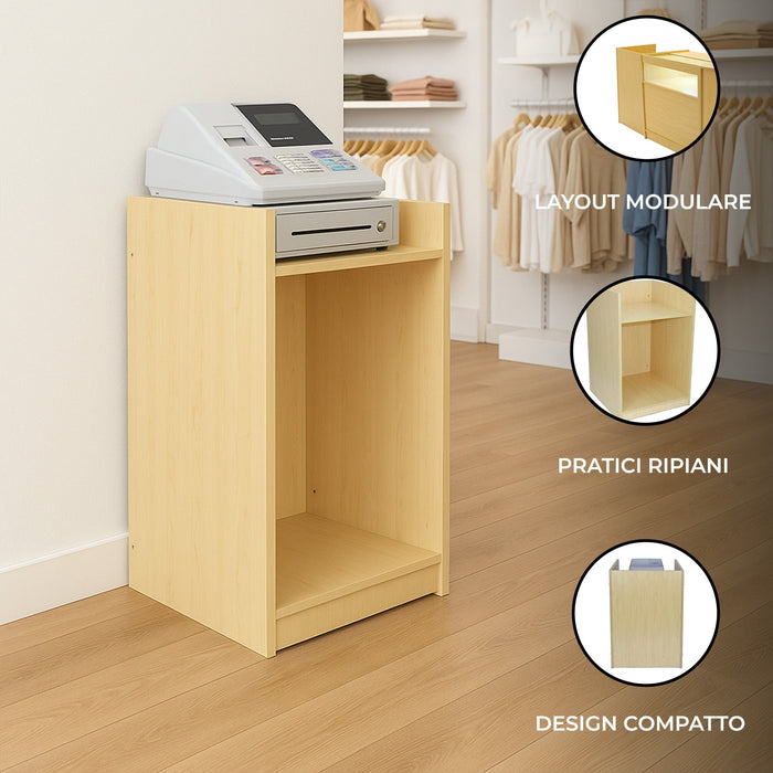 Bancone Cassa TB60 Acero – MDF con 2 Ripiani Interni