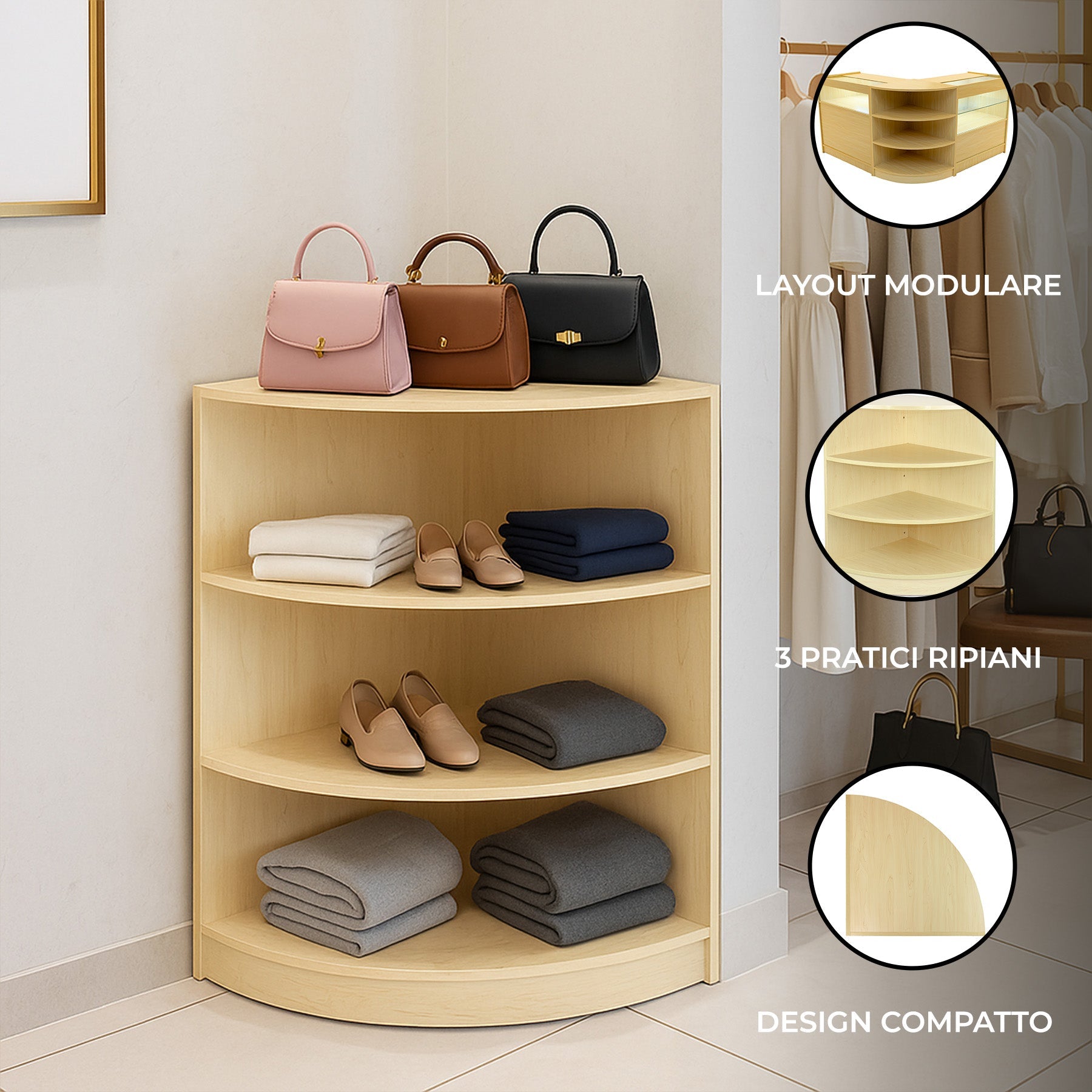 Bancone Angolare LM60 Acero – Vetrina Espositiva con Ripiani