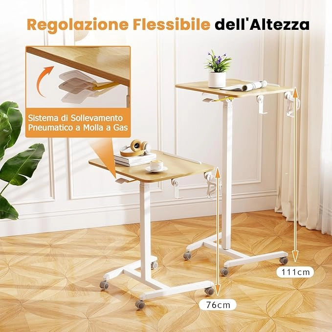 Tavolo Pieghevole per Laptop su Ruote con Piano Inclinabile a 90°, Tavolino Regolabile in Altezza e Portatile con Gancio & Portabicchiere per Divano e Letto