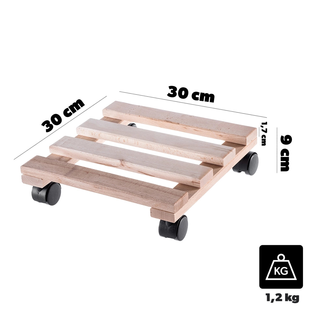 Supporto per vaso da fiori KADAX, fioriera in legno su ruote, piattaforma quadrata 30 cm