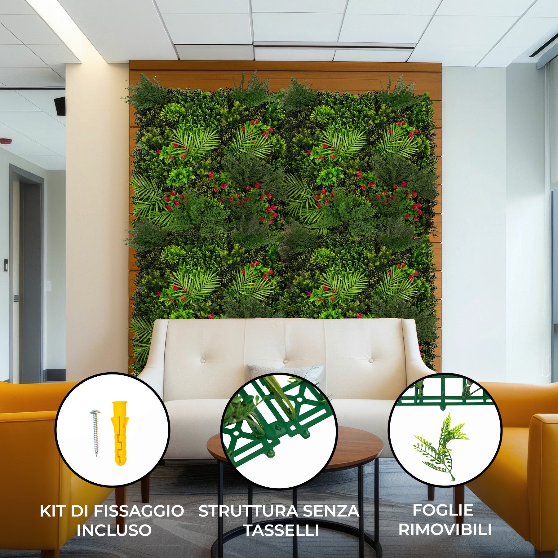 Piastrelle da Parete con Piante Artificiali 1m x 1m Pannello Erba Mira per Giardino e Arredo Casa