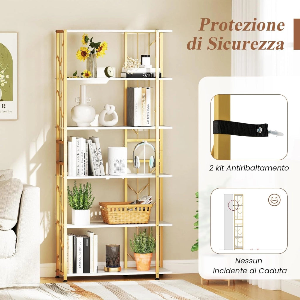 Libreria a 6 Ripiani, Libreria Geometrica Moderna con Telaio in Metallo, Scaffale da Terra con 2 Kit Antiribaltamento per Soggiorno Camera da Letto Studio, 80x31x180 cm (Bianco)