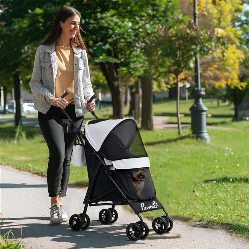 PASSEGGINO PER CANI CON 2 FINESTRE A RETE, IN ACCIAIO E TESSUTO OXFORD, 76X44X103 CM, NERO E GRIGIO CHIARO