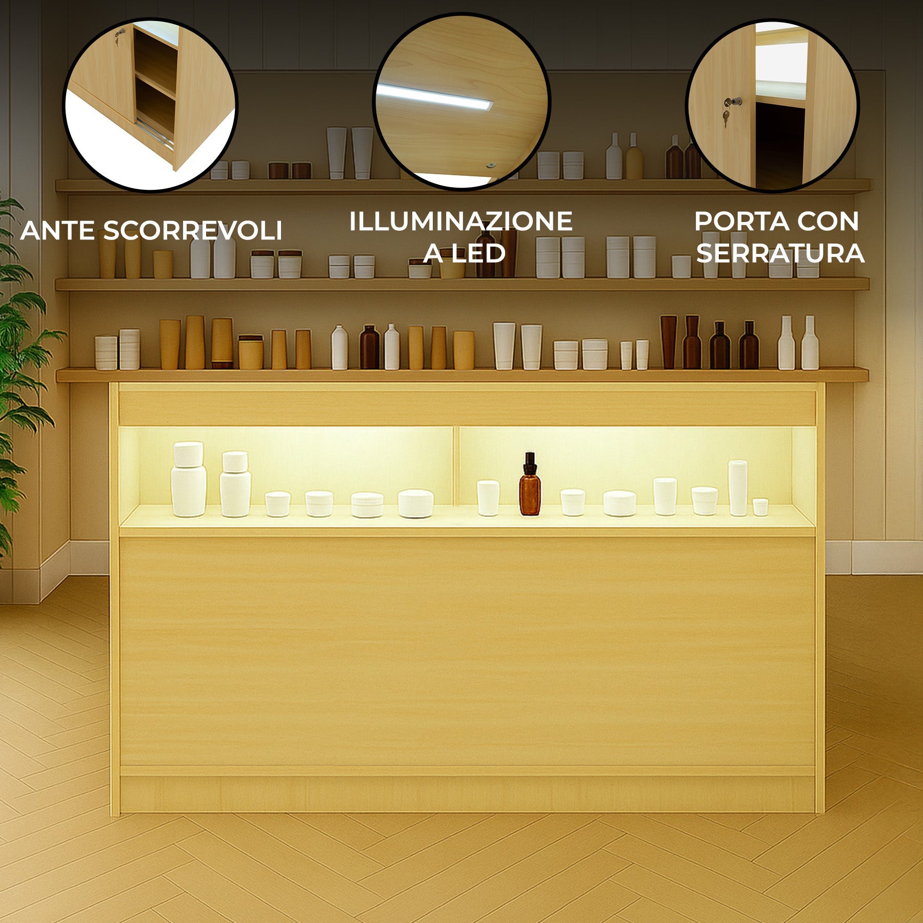 Bancone LED B1500 Acero con 1 Ripiano a Vista e 2 Ripiani Chiusi