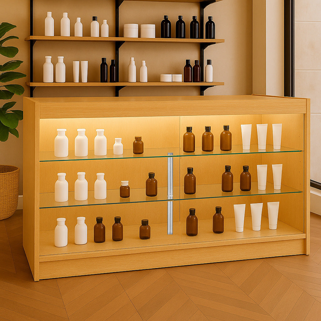 Bancone LED Acero K1500 con 3 Ripiani, Vetrina e Ante Bloccabili – 2 Chiavi