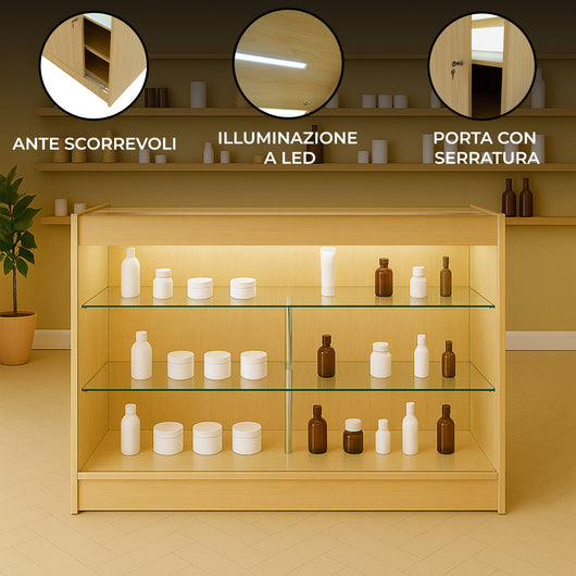 Bancone LED Acero K1500 con 3 Ripiani, Vetrina e Ante Bloccabili – 2 Chiavi