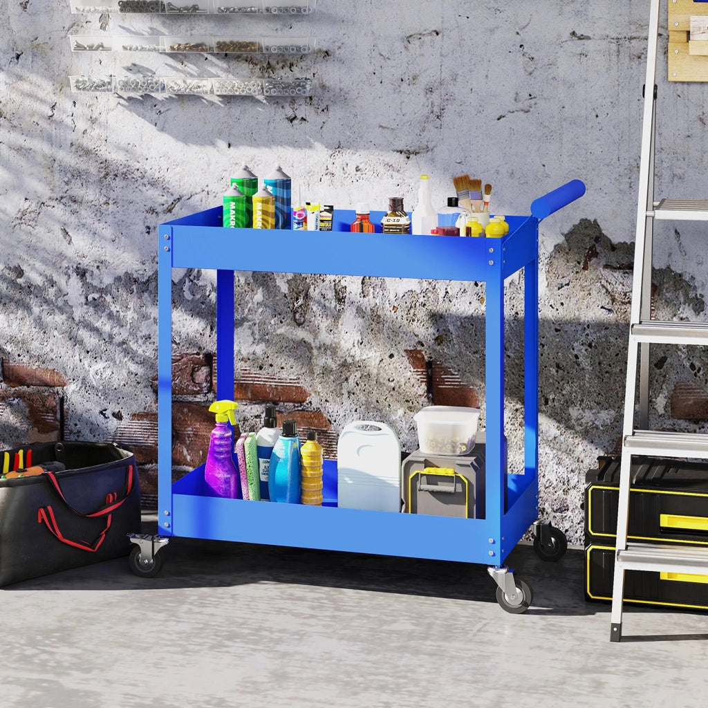 Carrello da lavoro a 2 livelli con maniglia laterale e ruote bloccabili ¨C zephmum ¨C 84.5x38x84cm blu