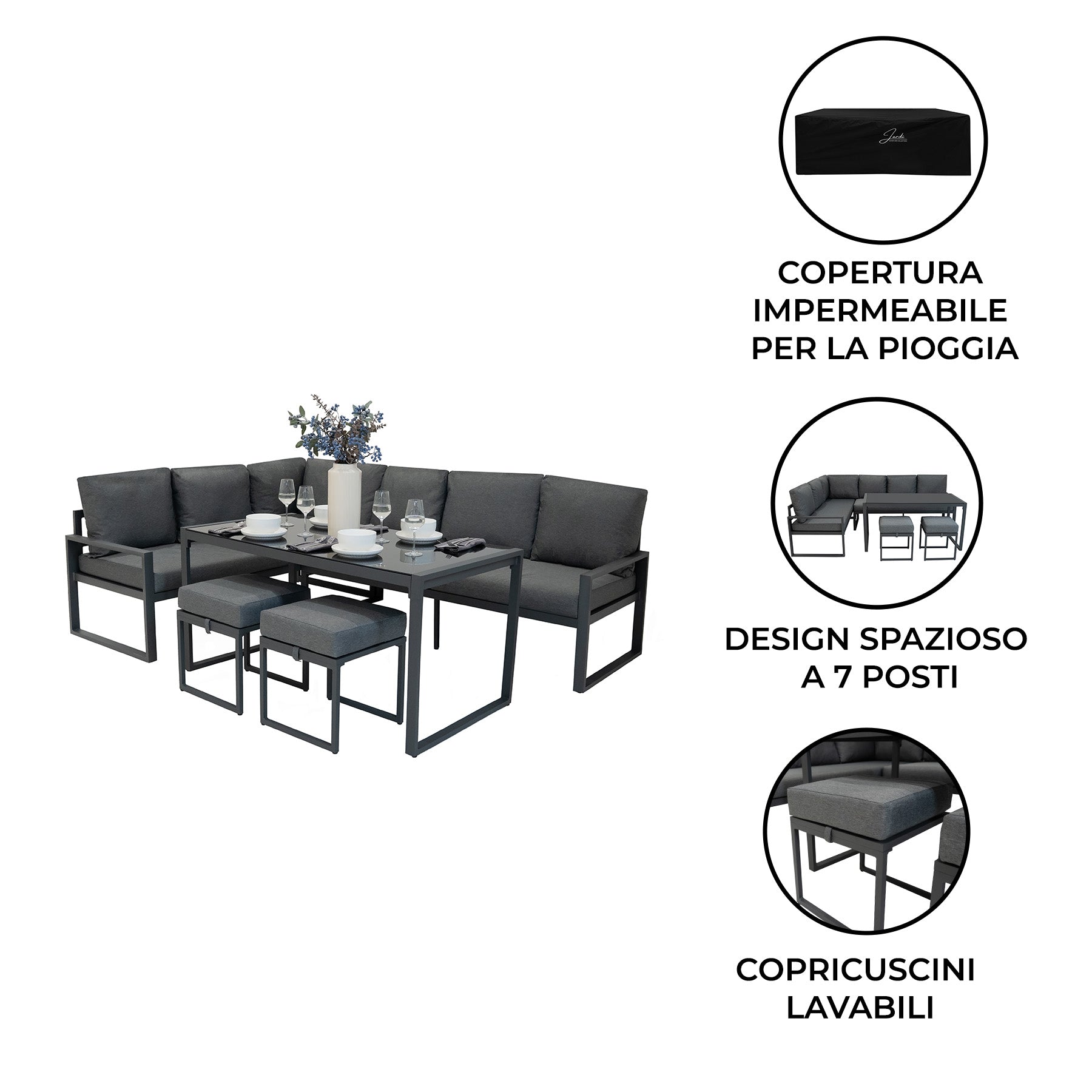 Set Mobili da Esterno in Alluminio Divano Angolare Tavolino Sgabelli Grigio Antracite