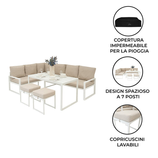 Set Mobili da Esterno in Alluminio Divano Angolare Tavolino Sgabelli Bianco