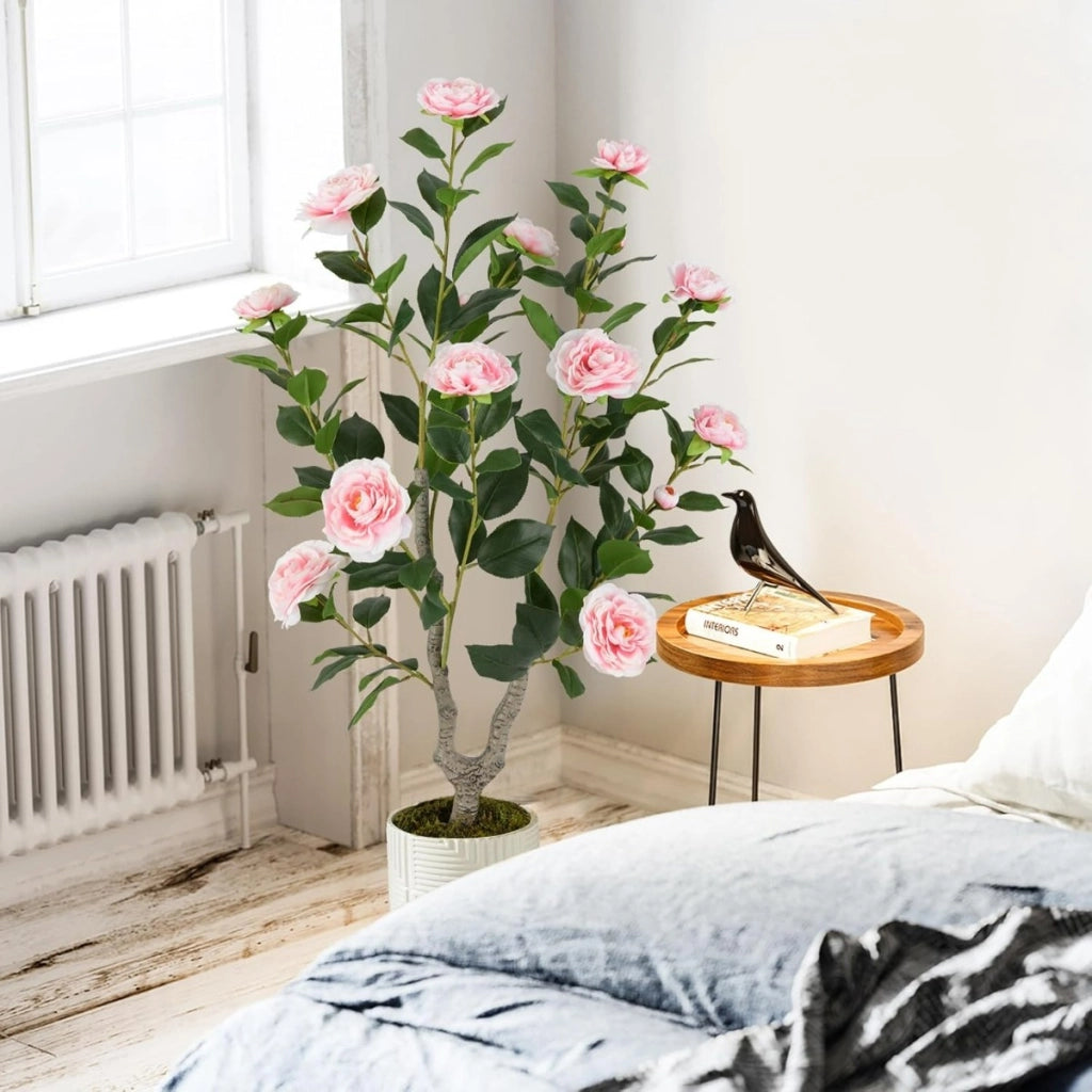 Albero di camelia artificiale da 90 cm, Pianta finta con fiori in vaso da vivai, Rosa e Verde-Piante artificiali