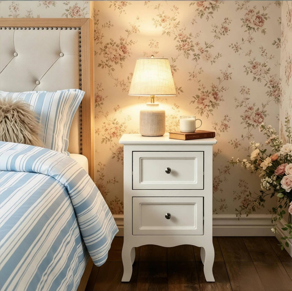 Comodino ULEVR 40x30x60 cm con 2 cassetti, MDF laccato bianco e maniglie in metallo