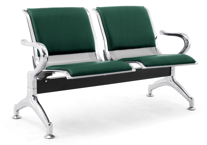 Panca per Sala Attesa 2 Posti da Ufficio con Cuscino in Acciaio e Similpelle Argento/Verde bosco