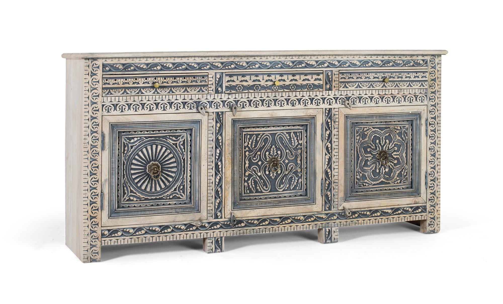 Credenza con tre cassetti e quattro ante in legno di sheesham