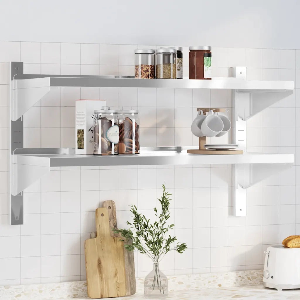 Mensola Muro 2 Ripiani 100x40x60cm Argento Acciaio Inossidabile