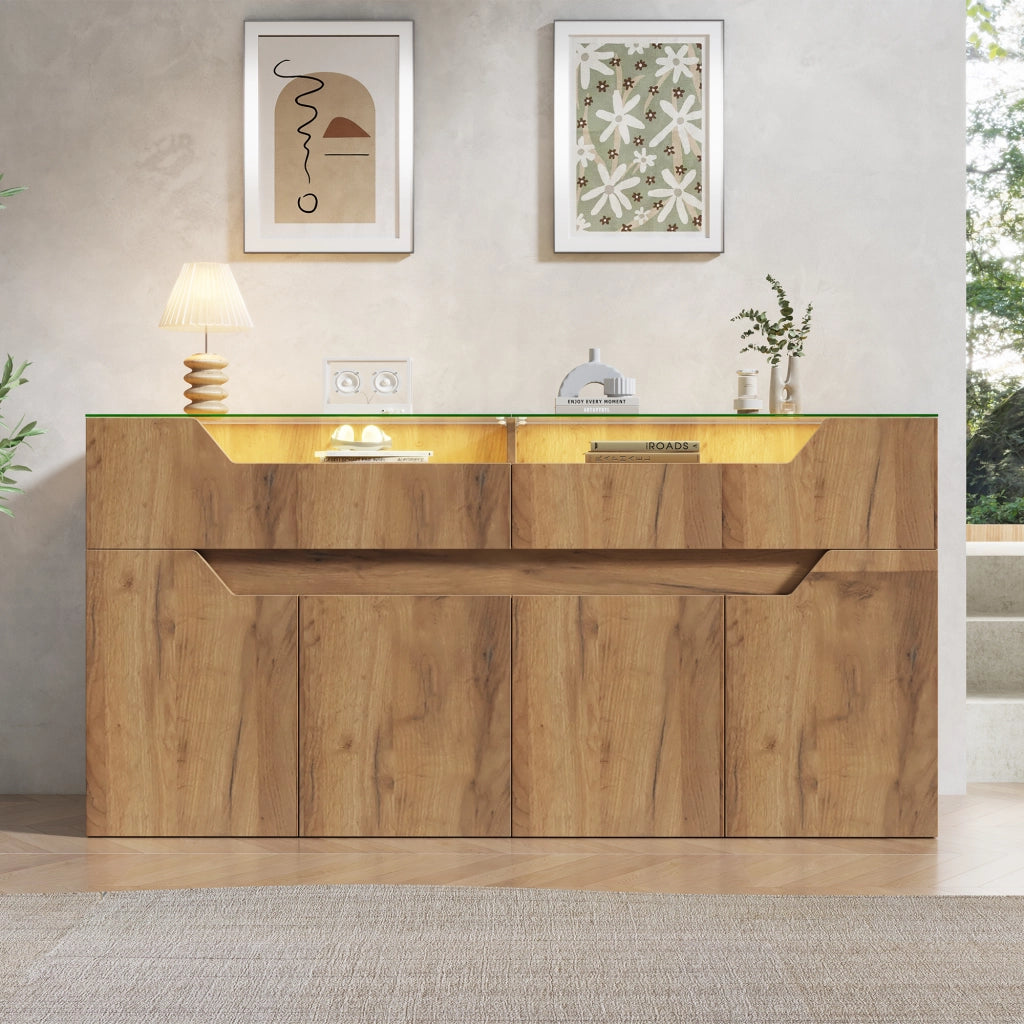Credenza con 2 cassetti e illuminazione LED in MDF e vetro 140×40×70 cm naturale