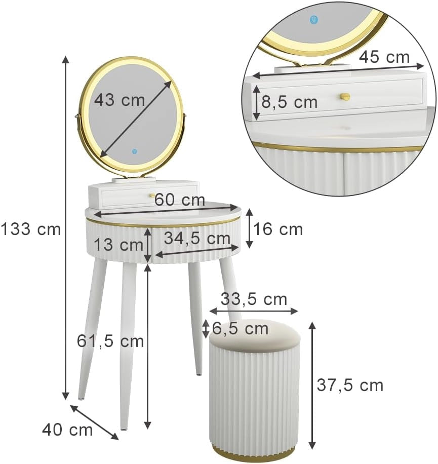 Tavolo da toilette Gesa, Bianco, 60 cm con specchio a LED in 3 tonalità di bianco, dimmerabile, inclusa panca e controllo touch per illuminazione LED