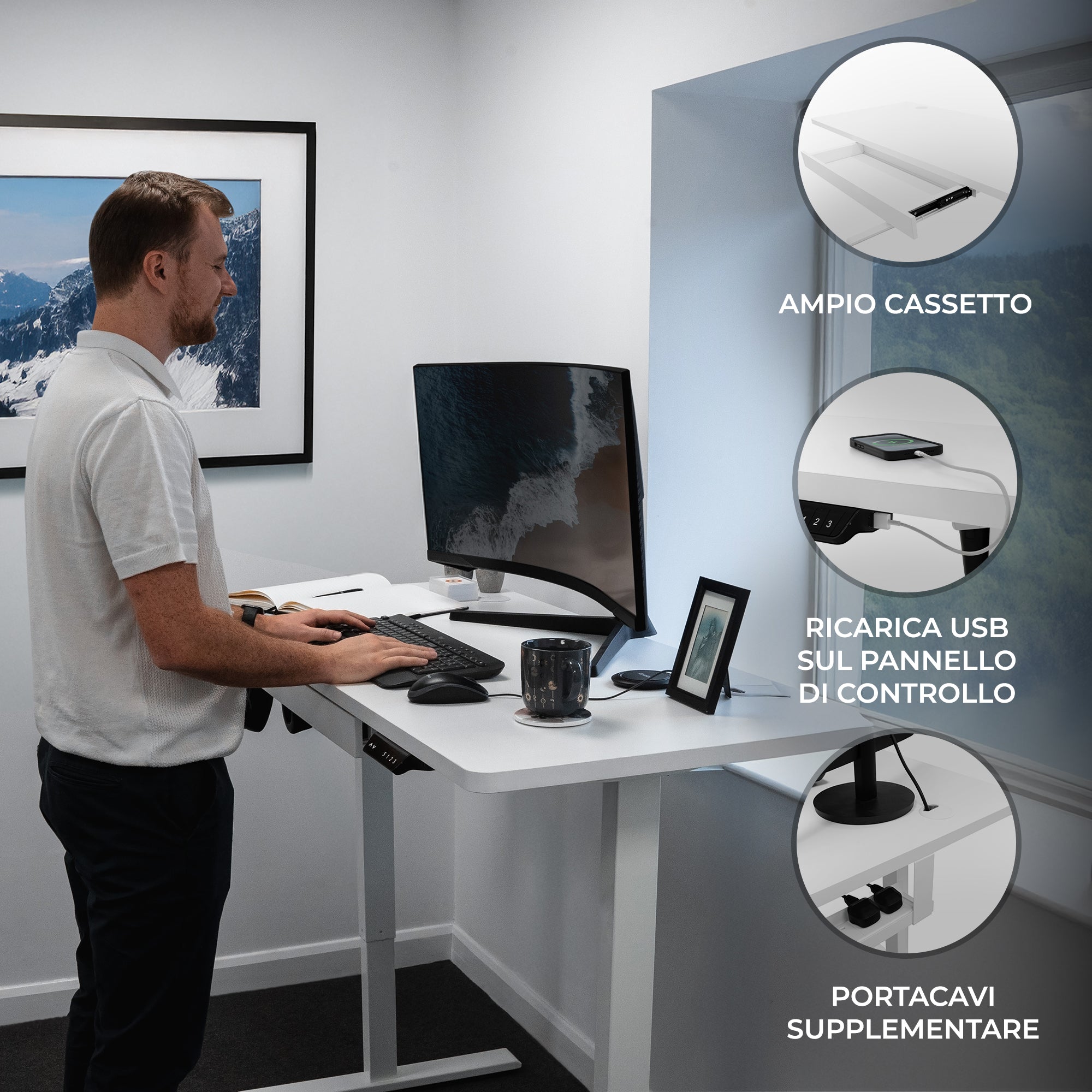 Scrivania Elettrica Regolabile 140cm Altezza Regolabile con Cassetto