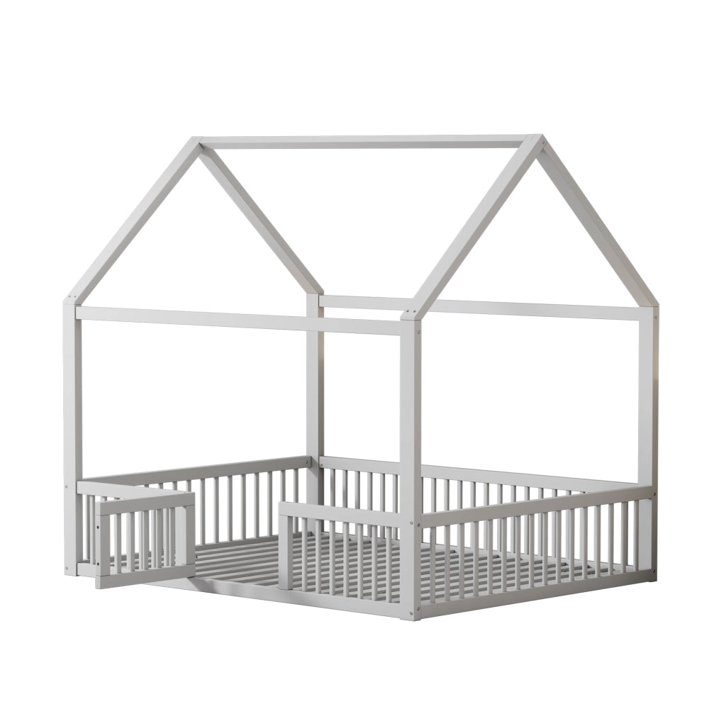 OKWISH Letto a casetta 140×200 cm, Letto Matrimoniale con Sponde di Sicurezza, Porticina e 15 Doghe, senza Materasso, in Pino, Bianco
